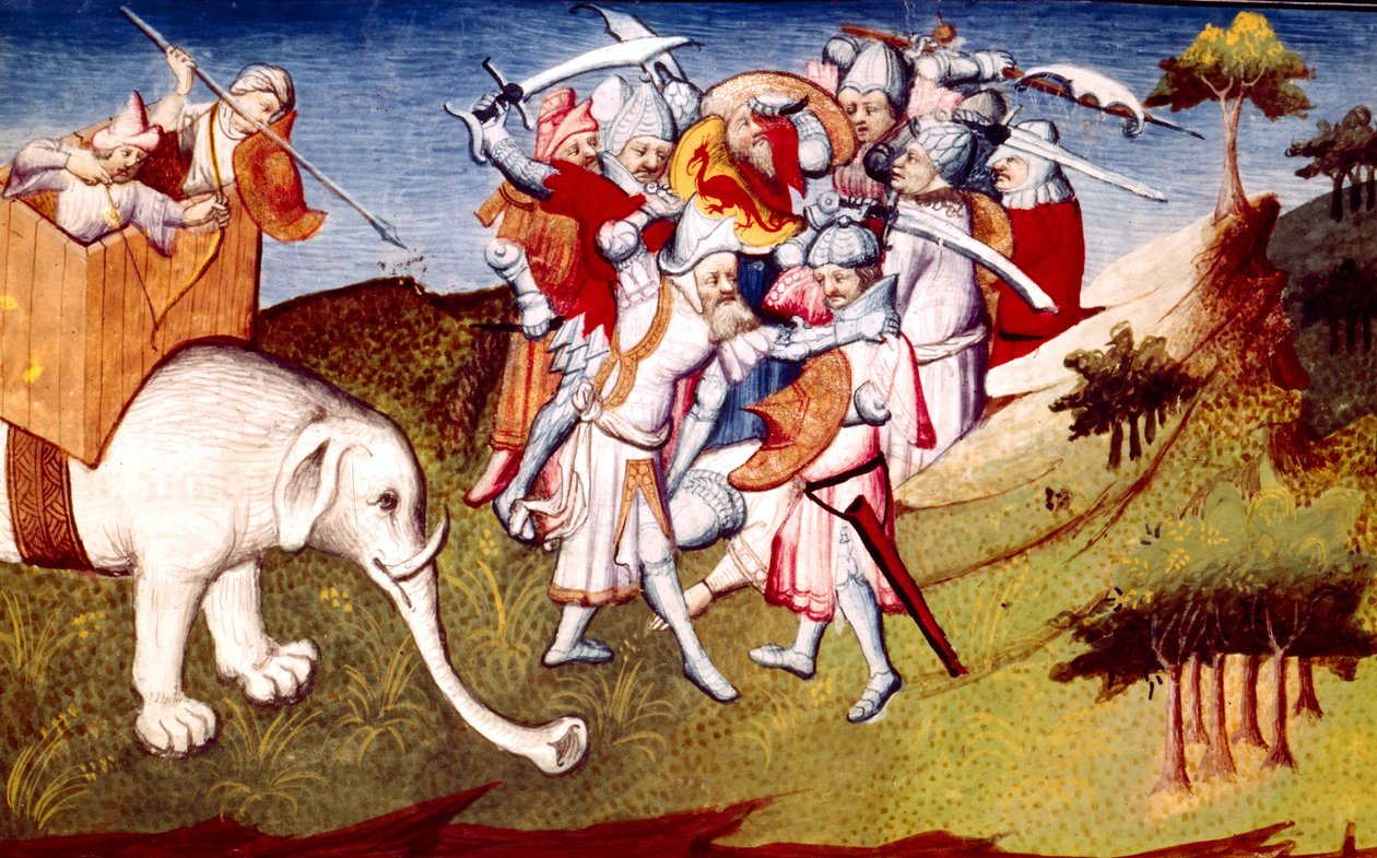 Bi Fr 2810 f.33, Marco Polo katika vita kati ya Genghis Khan na mjomba wake Nouern, kielelezo kutoka Livre des Merveilles du Monde, c.1410-12 (tempera on vellum)swed av French School