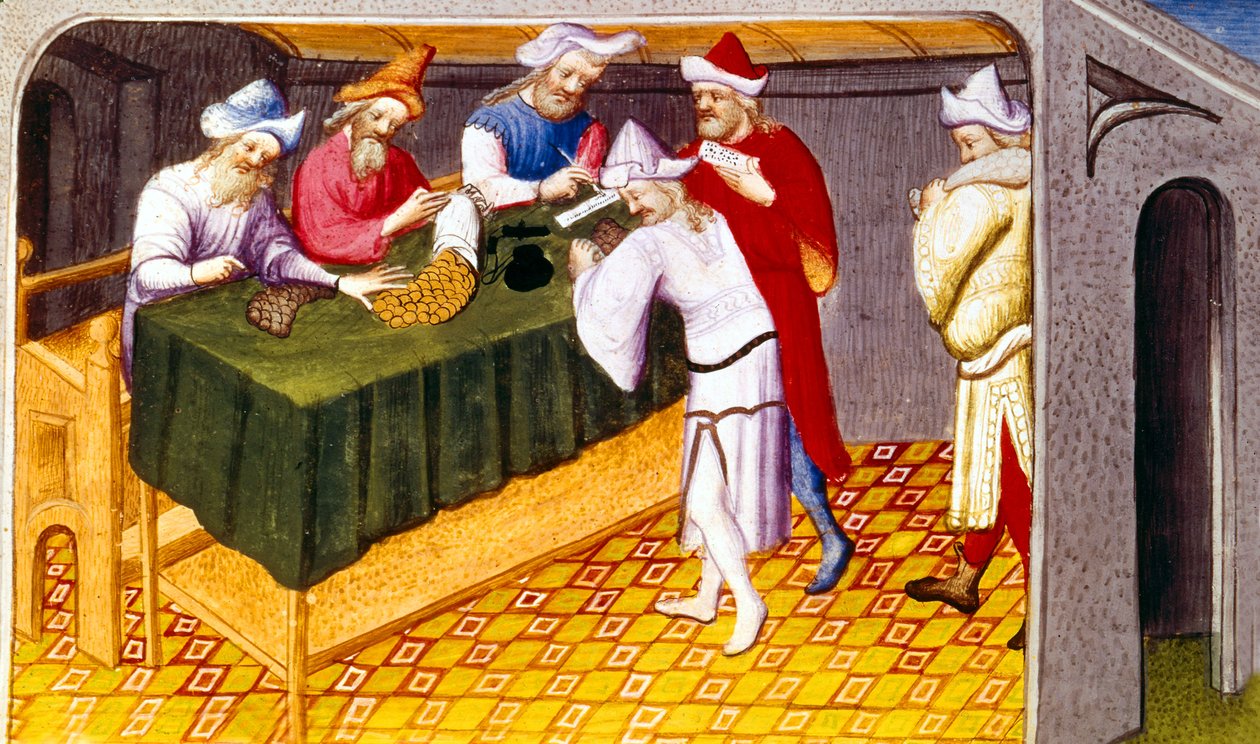 Fr 2810 f.69, Skatt upptagen av Djengis Khan på salt, socker och kryddor i staden Quinsay, från Livre des Merveilles du Monde, c.1410-12 (tempera på veläng) av French School
