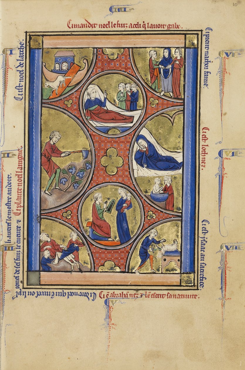 Scener fra Noas og Abrahams liv, ca. 1250-60 (tempera, bladguld og blæk på pergament) av French School