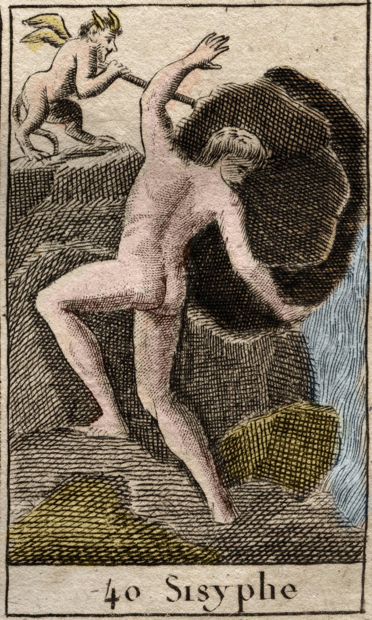 Sisyfos, illustration från Mythology of Youth, 1803 av French School