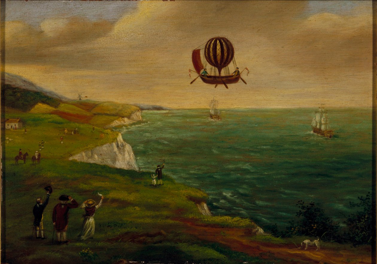 Den första ballongöverfarten av Engelska kanalen, 7 januari 1785, c.1785 av French School