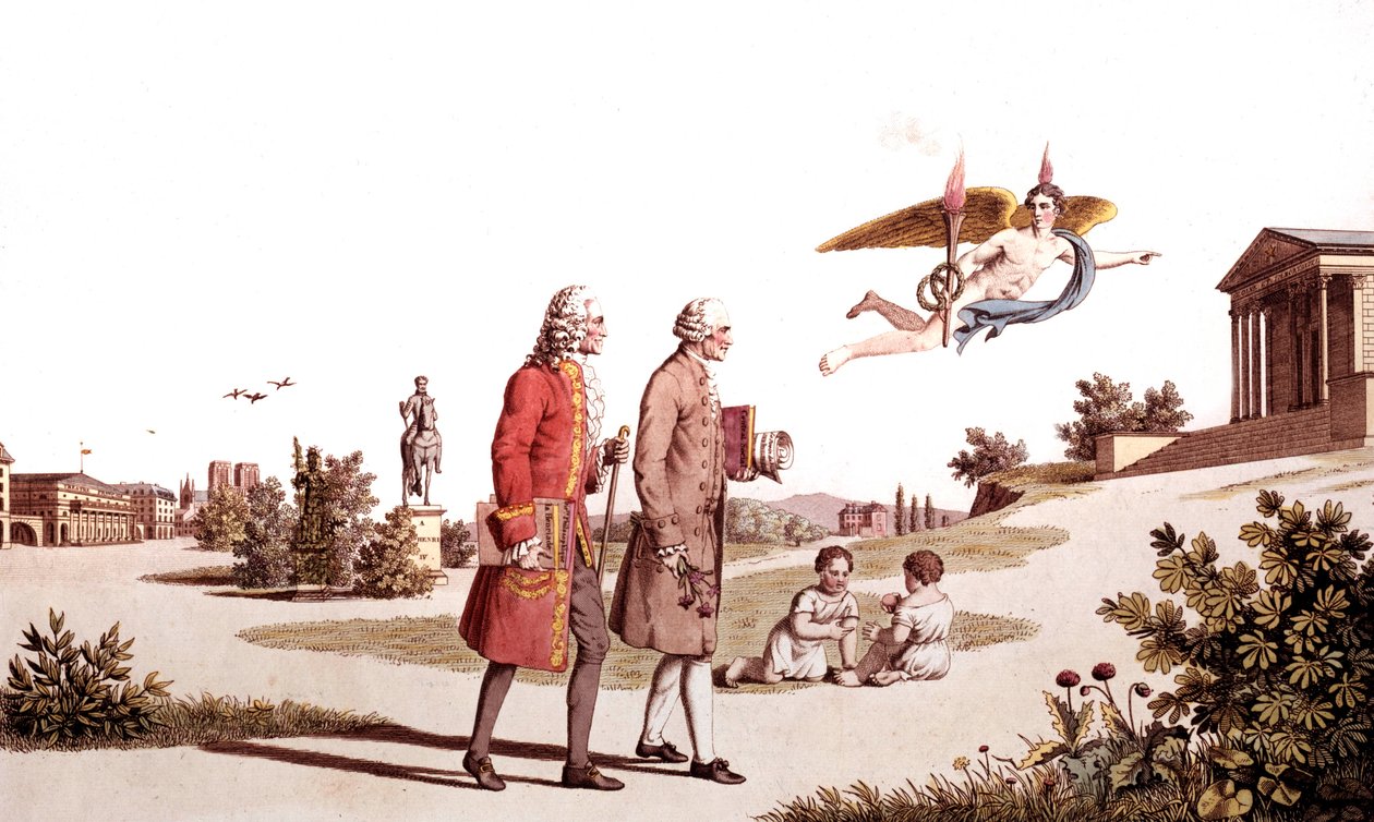 The Spirit of Voltaire och Jean Jacques Rousseau leder dem till Immortality Temple, illustration från An Allegory of the Works of French Philosophers av French School