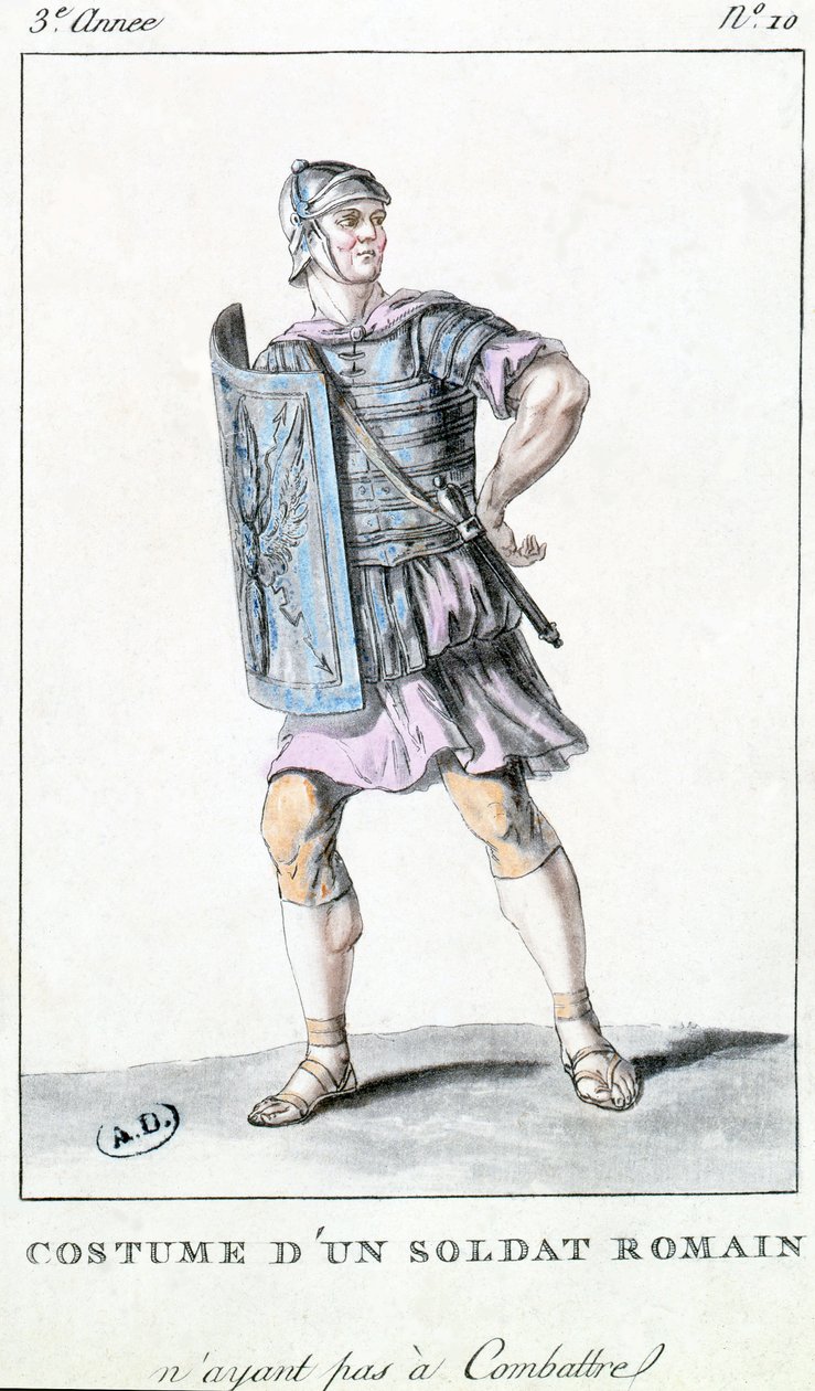 Teaterkostymdesign för en romersk soldat (färggravyr) av French School