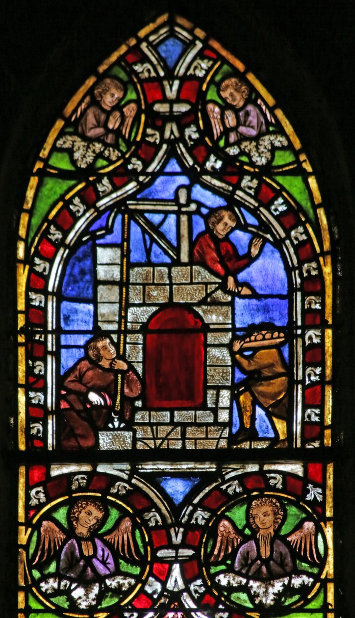Vindue, der viser bygningen af Babels tårn, ca. 1325 swed av French School