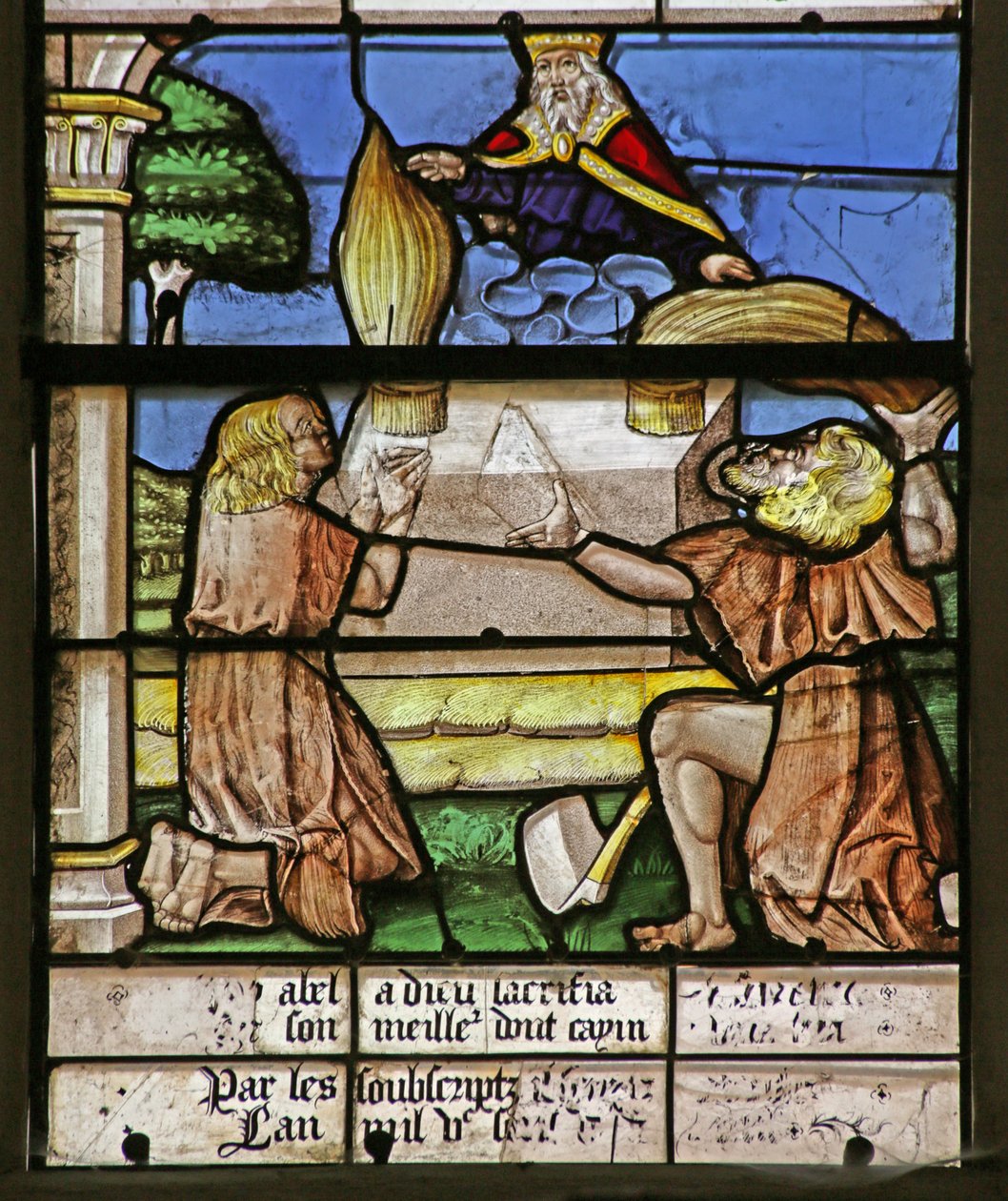 Vindue, der viser Kain og Abel, der frembringer deres ofre av French School