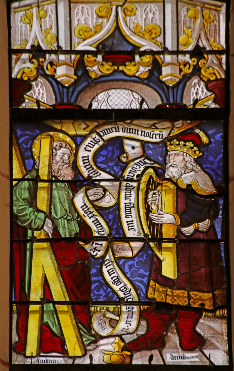 Fönster föreställande Saint Andrew och kung David med harpa av French School