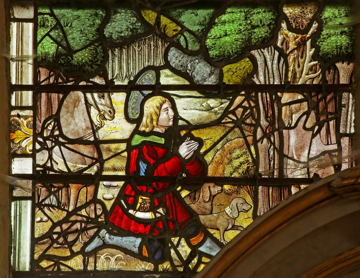 Fönster som visar Saint Eustache med en vision av Kristus mellan hjortens horn av French School