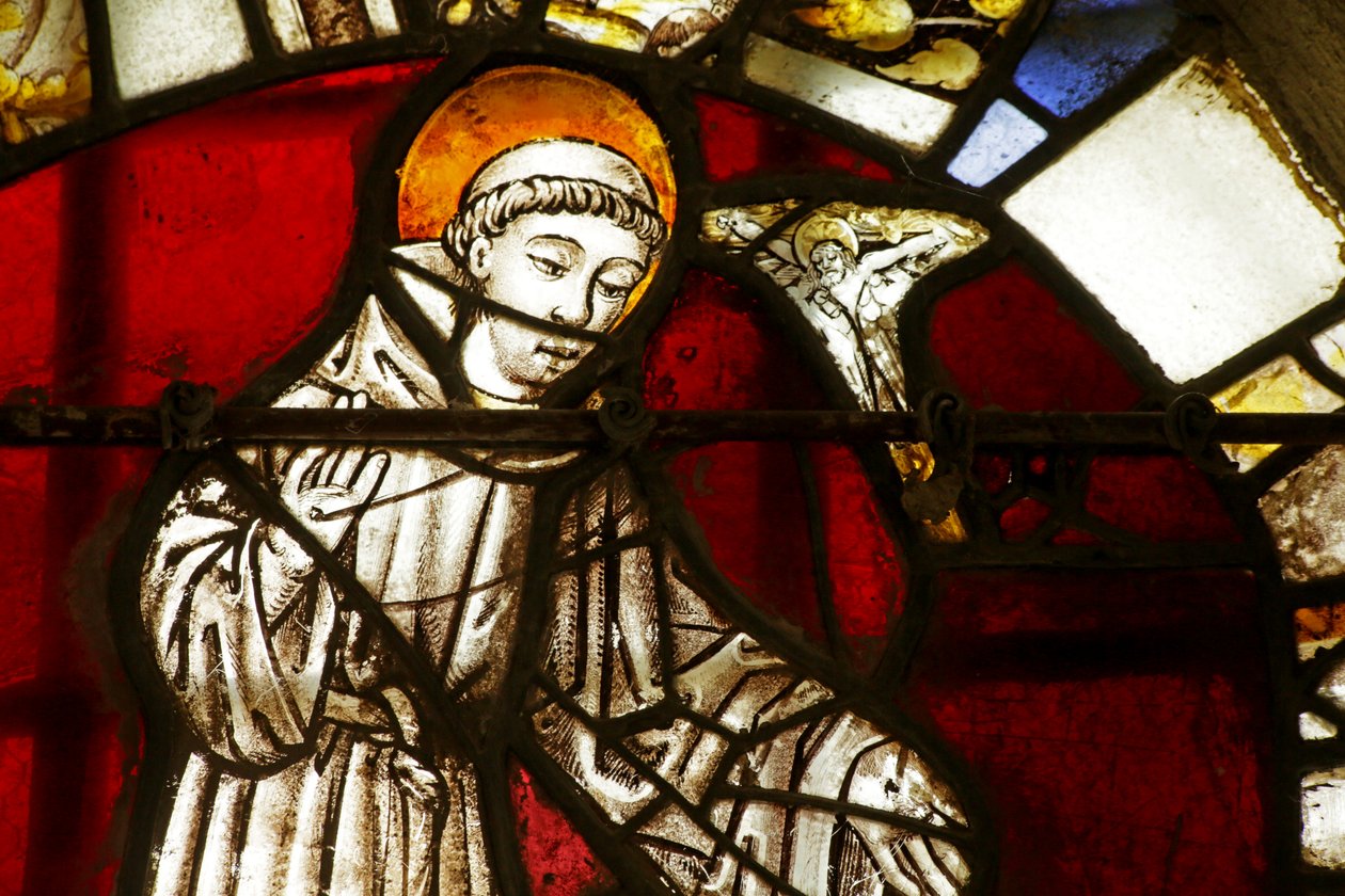 Fönster som visar Saint Francis som en ung munk med en vision av Kristus av French School