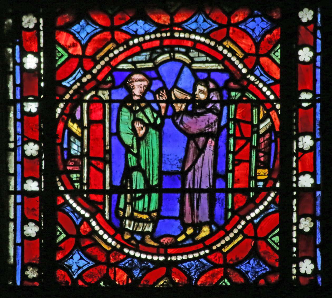 Fönster som visar scenen från Saint Bonnets liv: Saint on the Journey to Rom som tar emot förfriskningar från abboten av klostret på Isle Barbe av French School