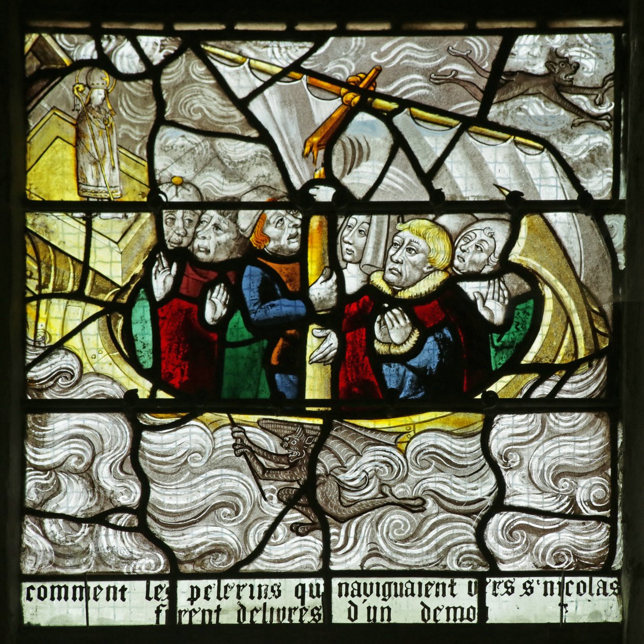 Fönster som visar St Nicholas som dyker upp och räddar resenärer när deras skepp sjunker, 1460-1470 av French School