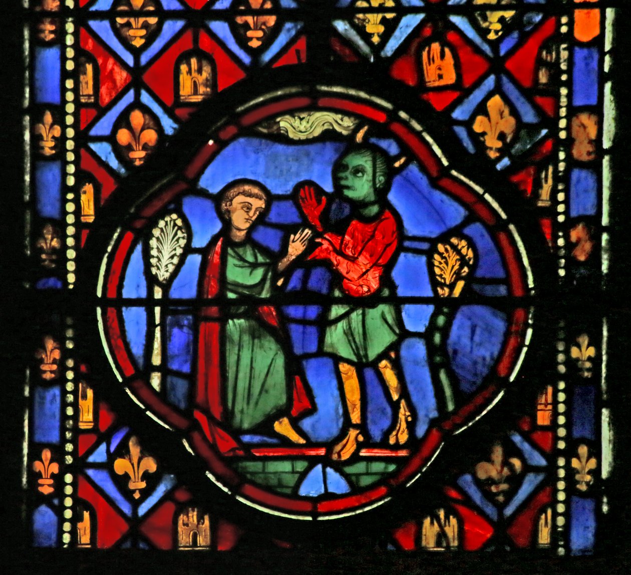 Vindue, der viser Theophilus, der forhandler med et dæmonfrø av French School