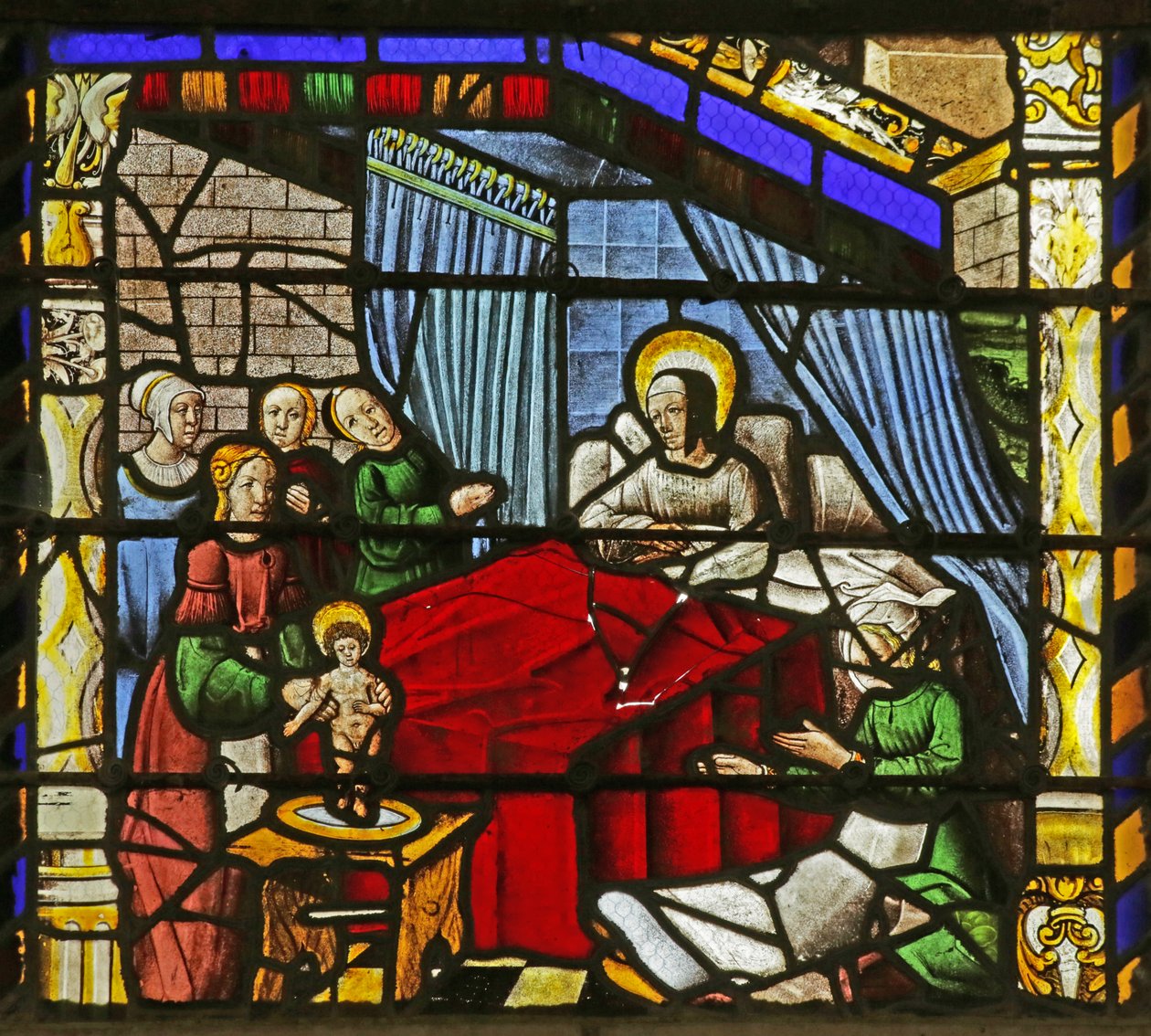 Fönster som visar Sankt Nikolaus födelse av French School