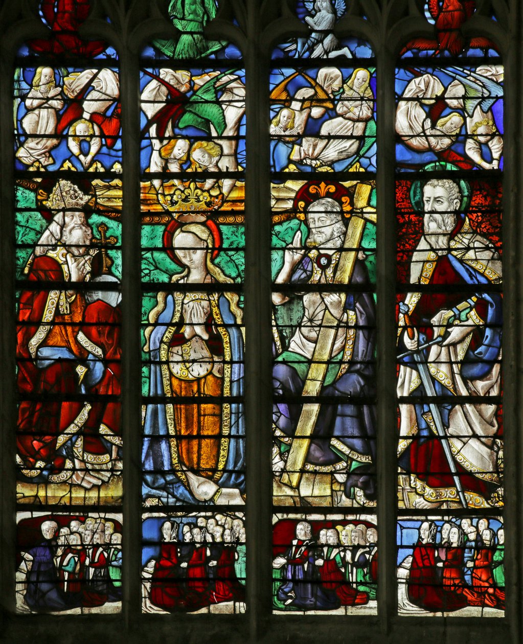 Fönster som visar Jungfruns kröning med St Paul och givarnas familjer, 1460-70 av French School