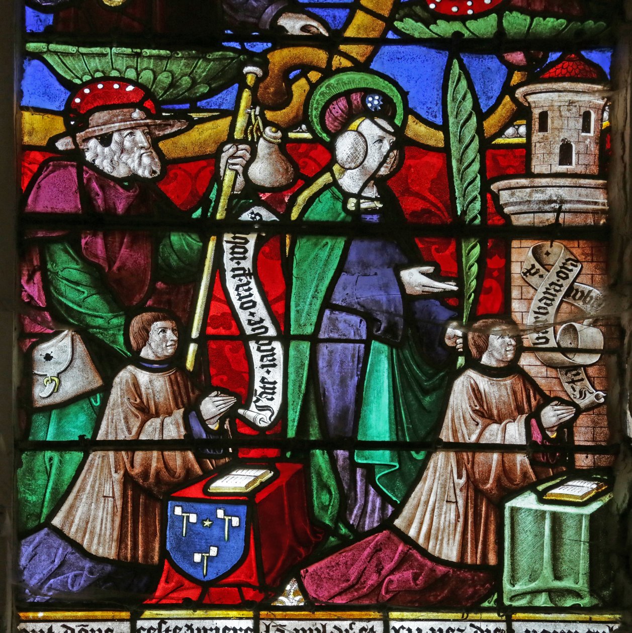 Dirisha linaloonyesha Mti wa Jesse: Jacques Prénel na Barbe Laurendel wakiwa na Saint James na Saint Barbara swed av French School