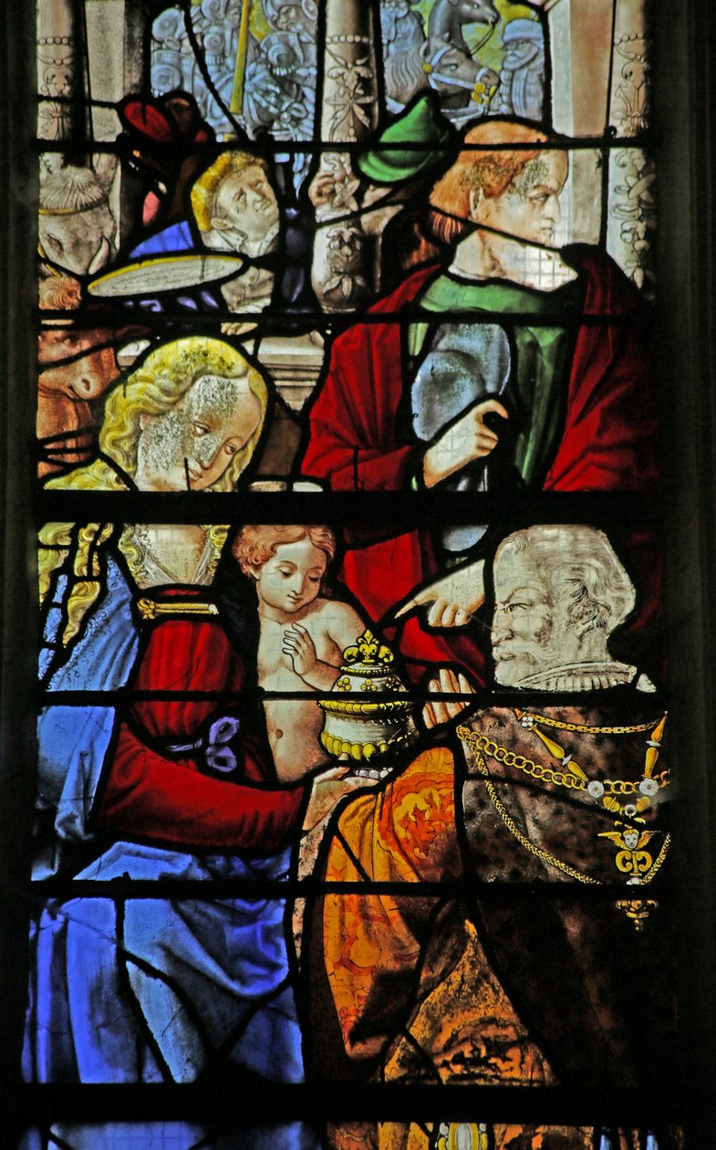 Vindue, der viser magiernes tilbedelse med St Joseph, 1530 sverige av French School