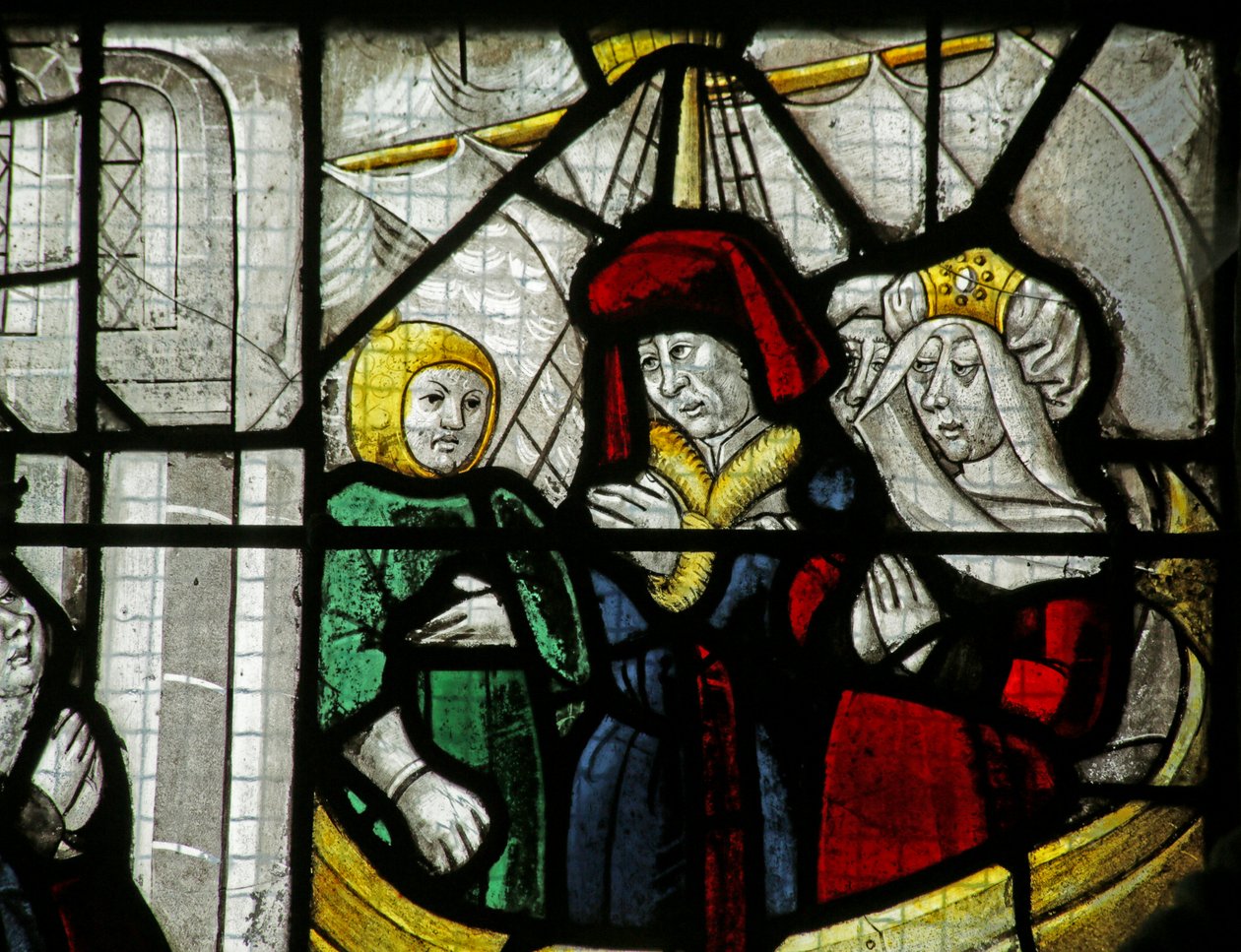 Fönster som visar resenärer på ett skepp, från ett mirakel av St Nicholas, 1460-1470 av French School