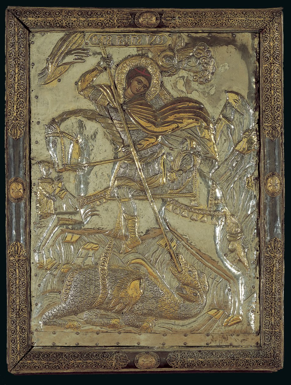 Ikon av St. George som dräper en trehövdad drake, 1713 (förgylld silver på trä) av Greek School