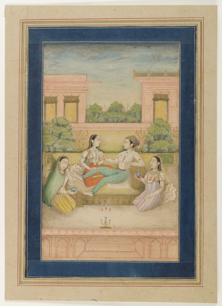 En prins och hans gemål på en terrass, ca 1800 (ogenomskinlig wc på papper) av Indian School
