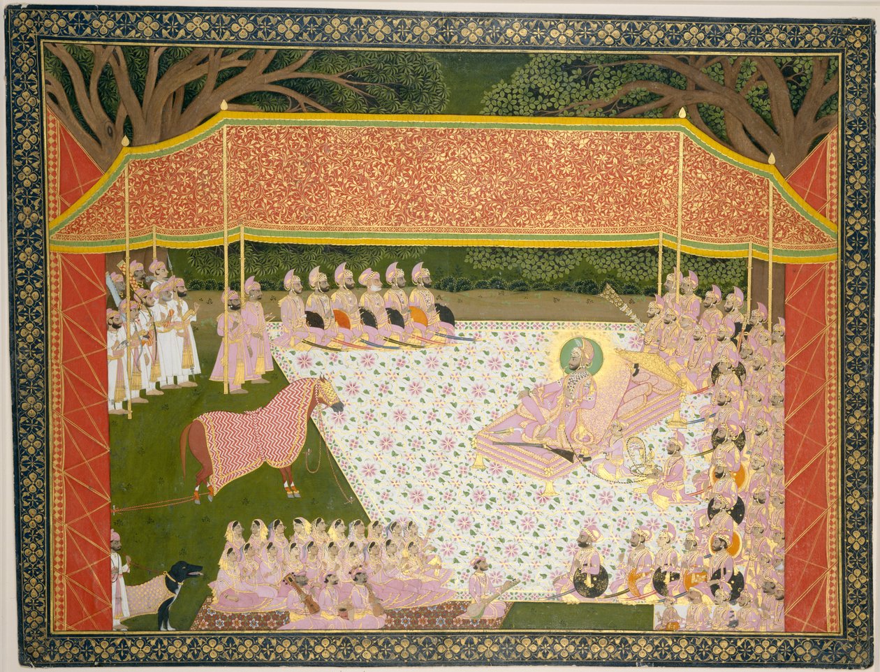Maharana Sarup Singh inspekterar en prishingst, 1845-46 (wc, bläck och guld på papper) av Indian School