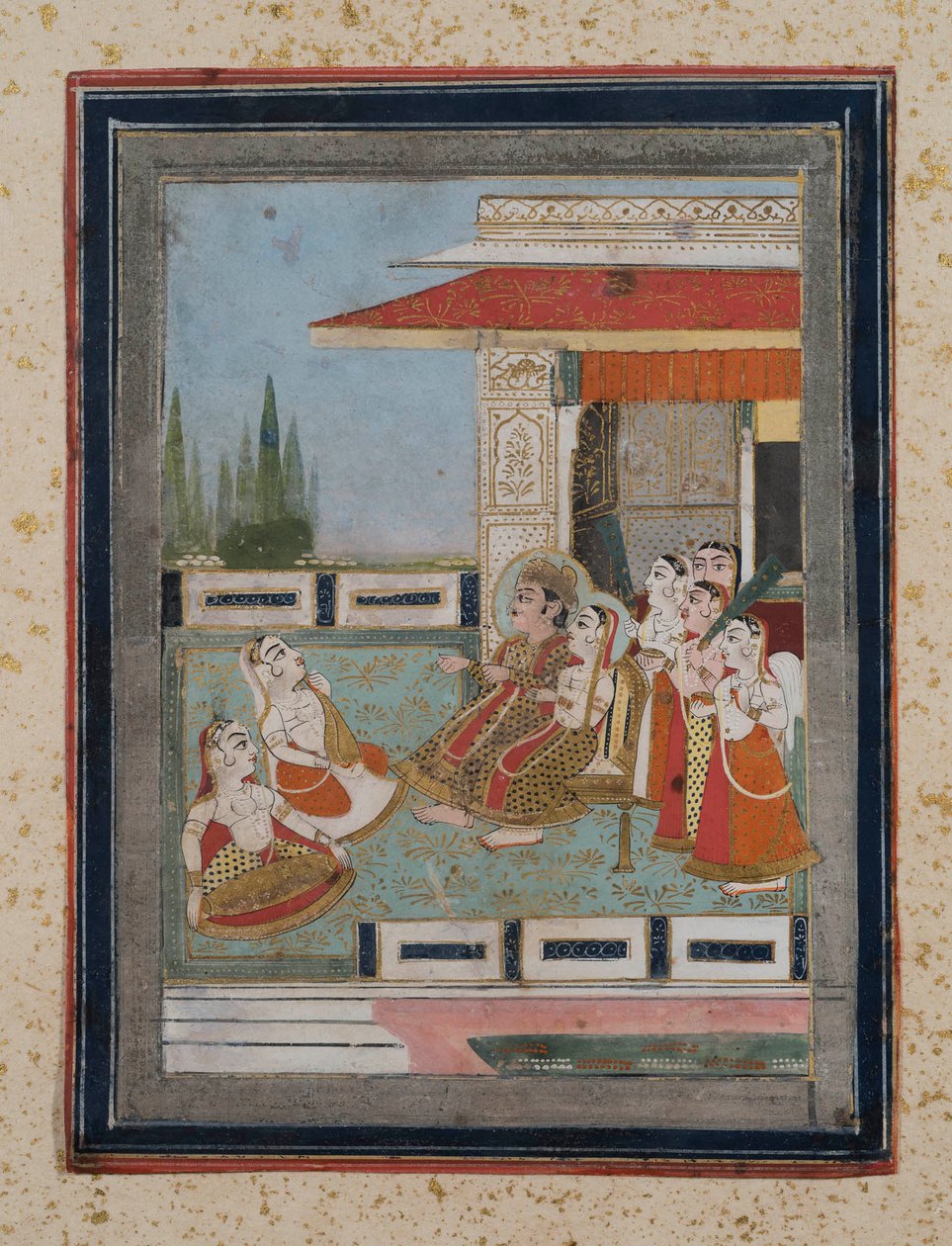 Prins och prinsessa lyssnar på musiker, ca 1840 (gouache på papper, guldutsmyckning) av Indian School