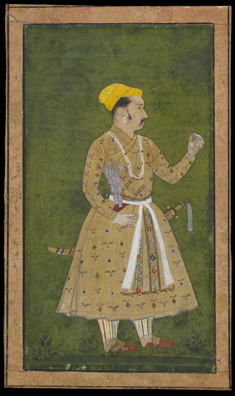 Prins som håller en blomma, fristående albumfolio med målning, ca 1740 (ogenomskinlig akvarell och guld på papper) av Indian School