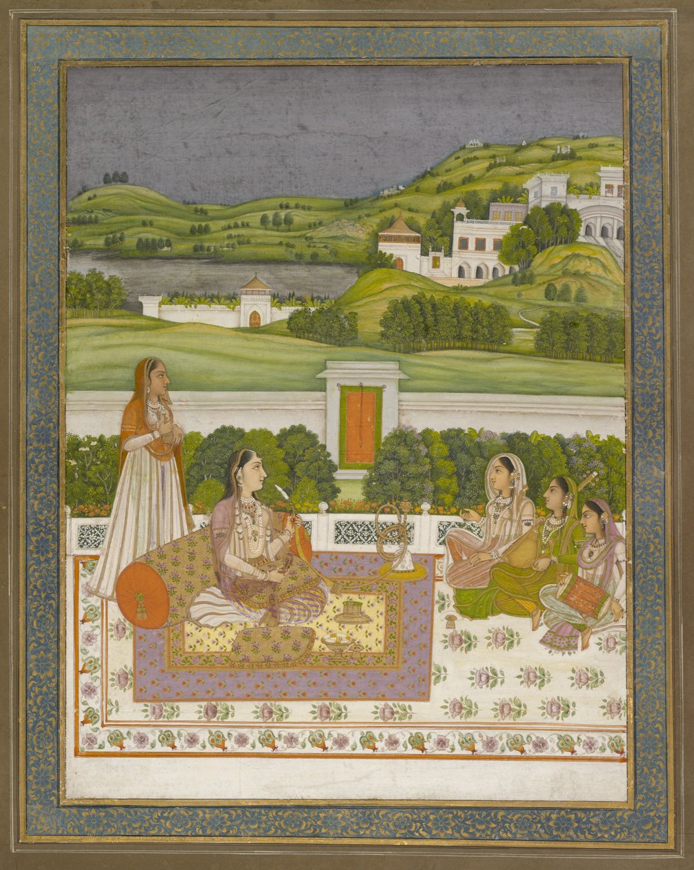 Prinsessan lyssnar på musik, 1775-80 (gouache med guld och silver på papper) av Indian School