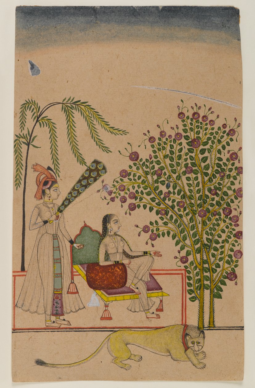 Sittande prinsessa med skötare och lejon, ca 1750 (ogenomskinlig wc på papper) av Indian School