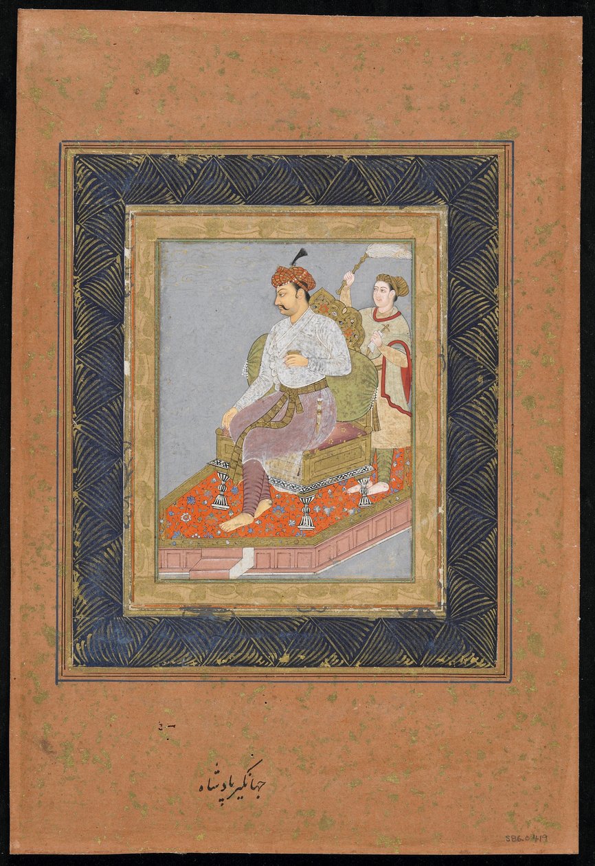 Sittande prins med skötare, fristående albumfolio med målning, ca 1900 (ogenomskinlig akvarell, bläck och guld på papper) av Indian School