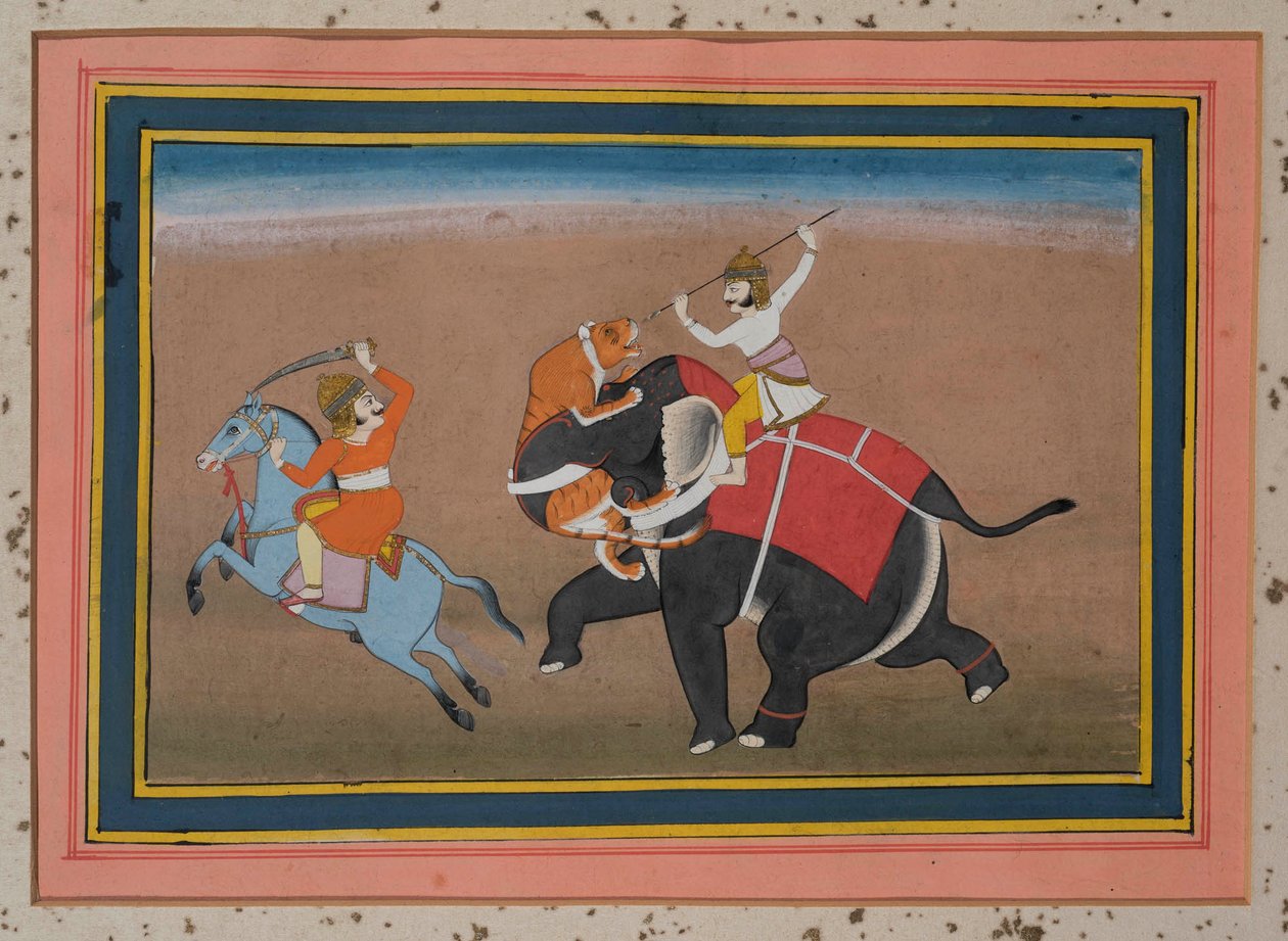 Tiger attackerar en elefant (gouache på papper, guldutsmyckning) av Indian School