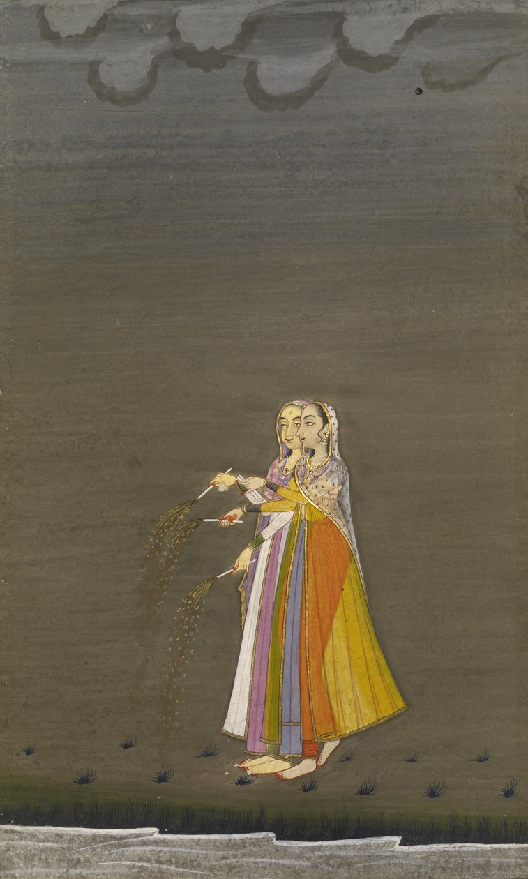 Två Nautchflickor med gnistor vid en bäck på natten till Diwali-festivalen, Bikaner-stil, 1790-1800 (albumblad; gouache med silver och guld på papper) av Indian School