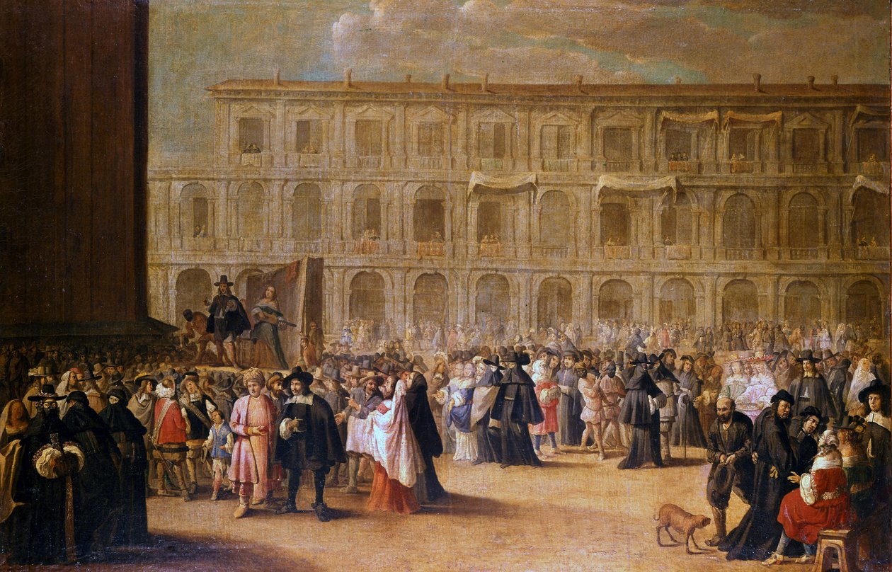 Skådespelare framför en representation av Markusplatsen av Italian School
