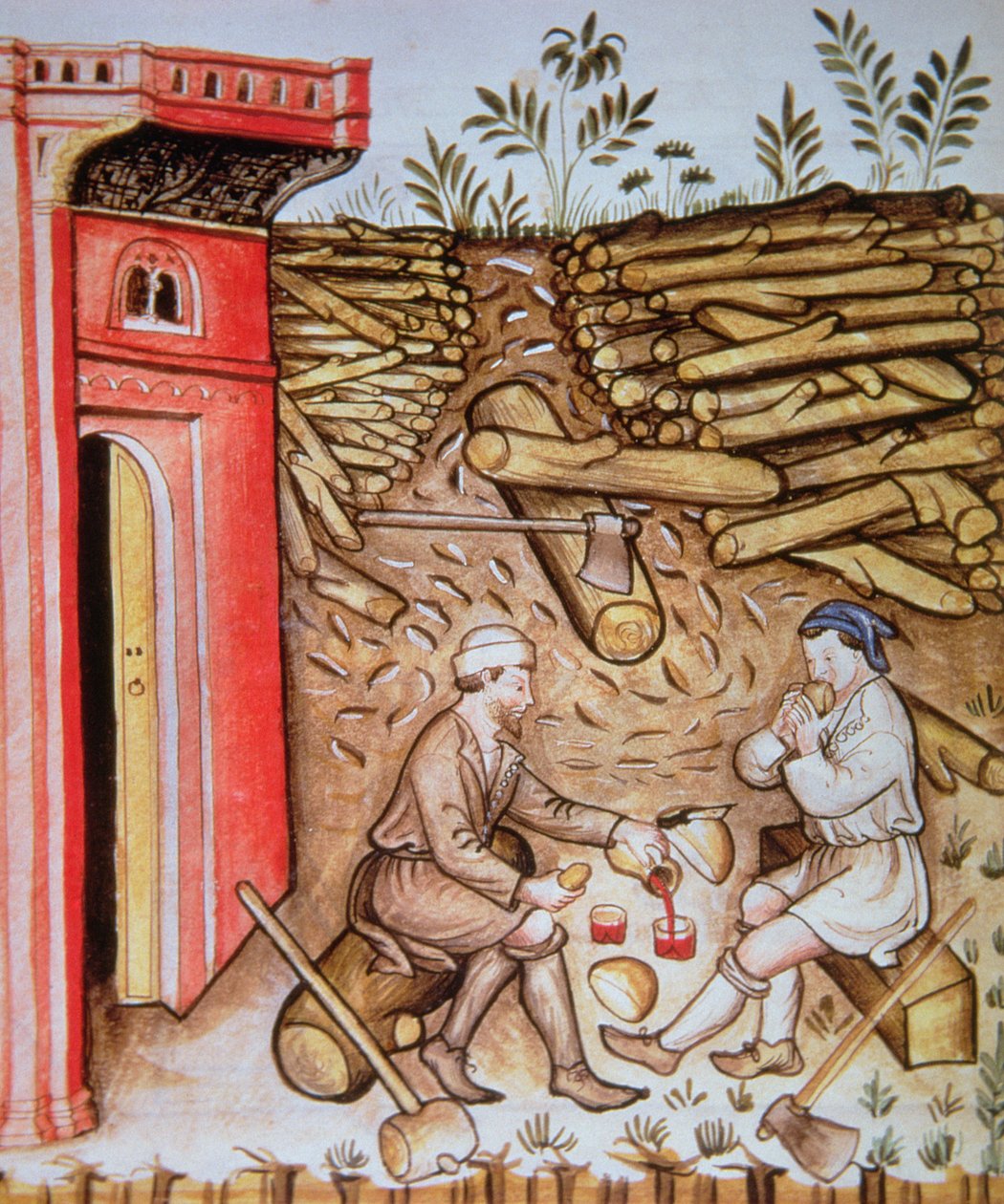 Fol.64r Äter bröd och dricker vin, illustration från Tacuinum Sanitatis Codex Vindobonensis av Italian School
