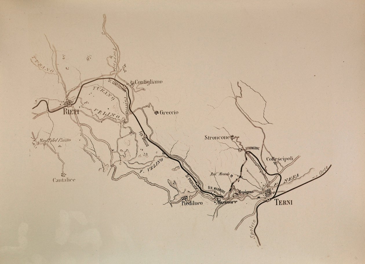 Societa Italiana för de södra järnvägsspåren: karta över Terni-Rieti järnvägslinjen, 1883 av Italian School