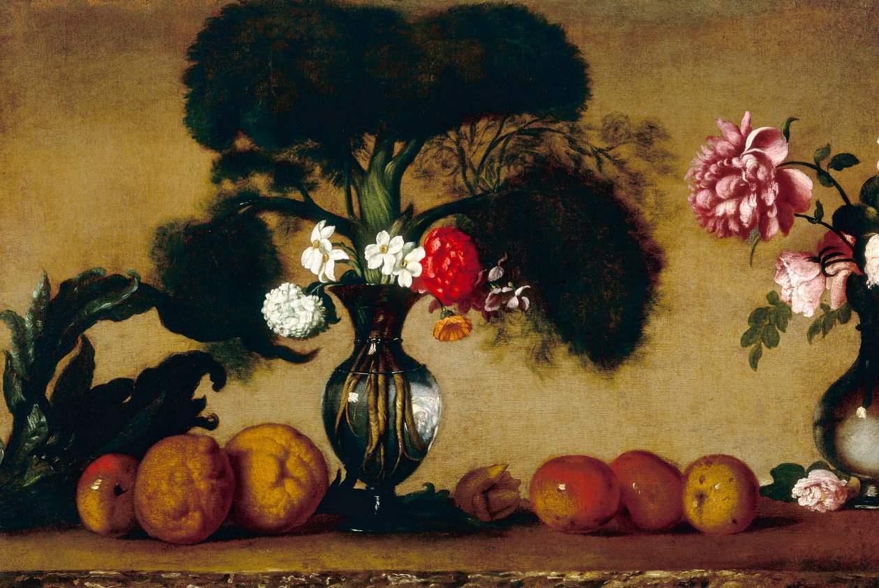 To vaser, med blomster, frugt og et artiskokfrø av Italian School
