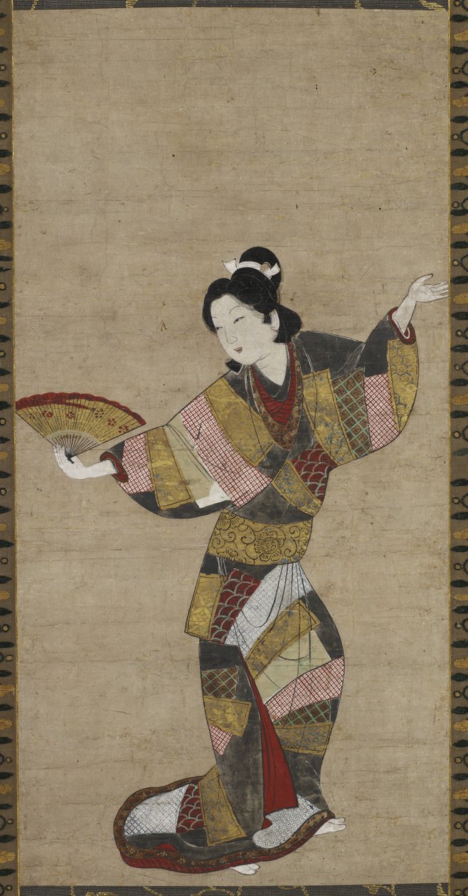 Mcheza densi na Shabiki, c. 1640-1650 (wino, rangi, dhahabu, na ganda nyeupe kwenye karatasi) av Japanese School