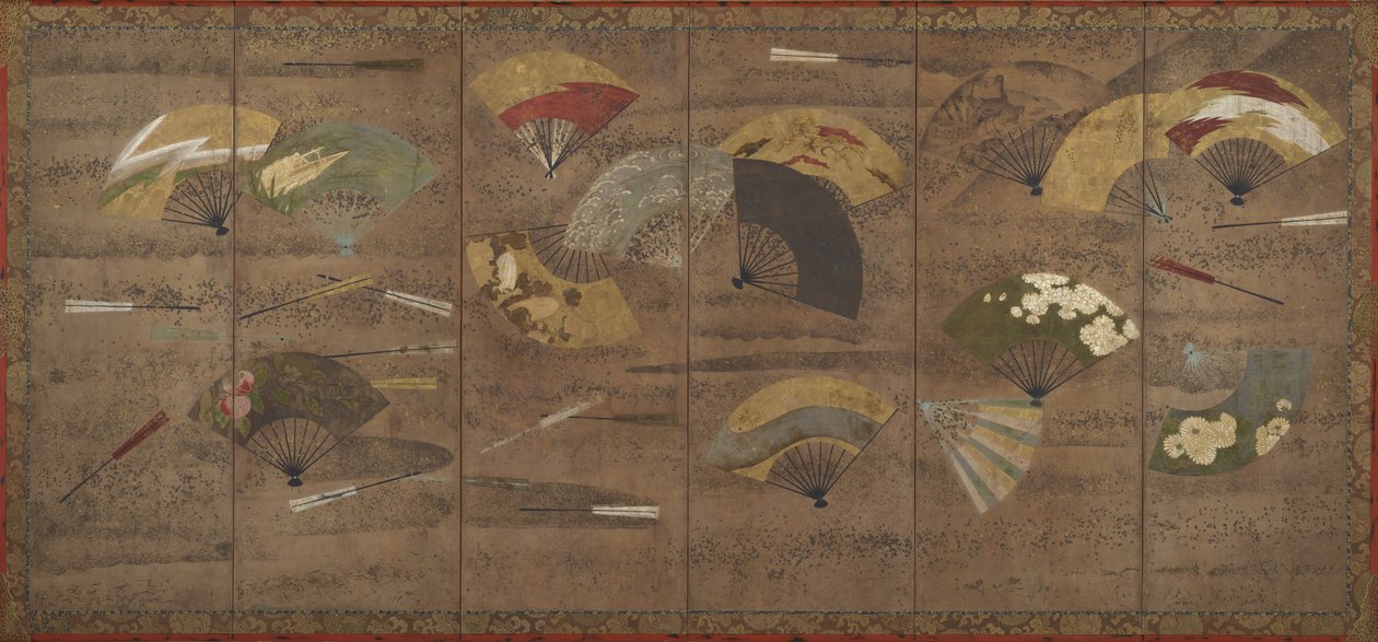 Dekorerade fläktar, skärmar (sex paneler), tidigt 1600-tal (färg, bläck och guld på papper) av Japanese School