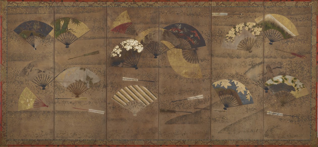 Dekorerade fläktar, skärmar (sex paneler), tidigt 1600-tal (färg, bläck och guld på papper) av Japanese School
