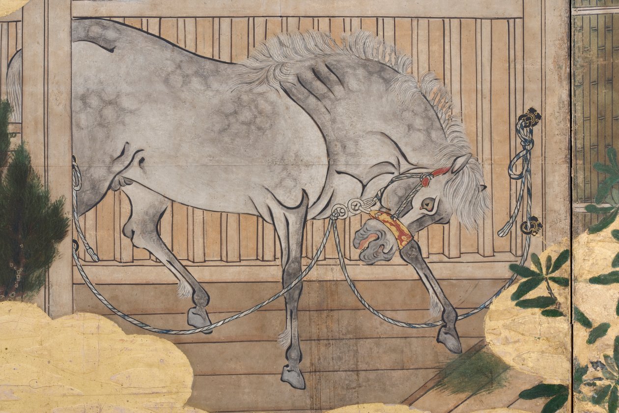 Detalj av våren i palatset, sexfaldig skärm från The Tale of Genji, ca 1650 (bläck, färger och guld på papper) av Japanese School