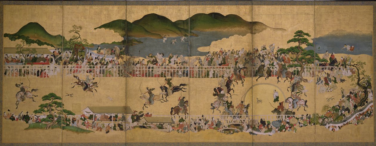 Sexfaldig skärm som visar en hundjakttävling, japanska, 1624-43 (bläck, färg och guld på papper) av Japanese School