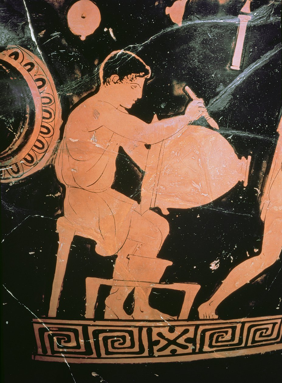 Attic rödfigur klockkrater, detalj som visar en krukmakare som målar en klockkrater, c.430-425 f.Kr. (keramik) (detalj från 100556) av Komaris Painter