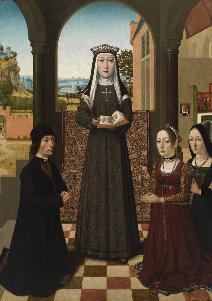 St. Katarina av Bologna med tre givare, ca 1470-80 av Master of the Baroncelli Portraits