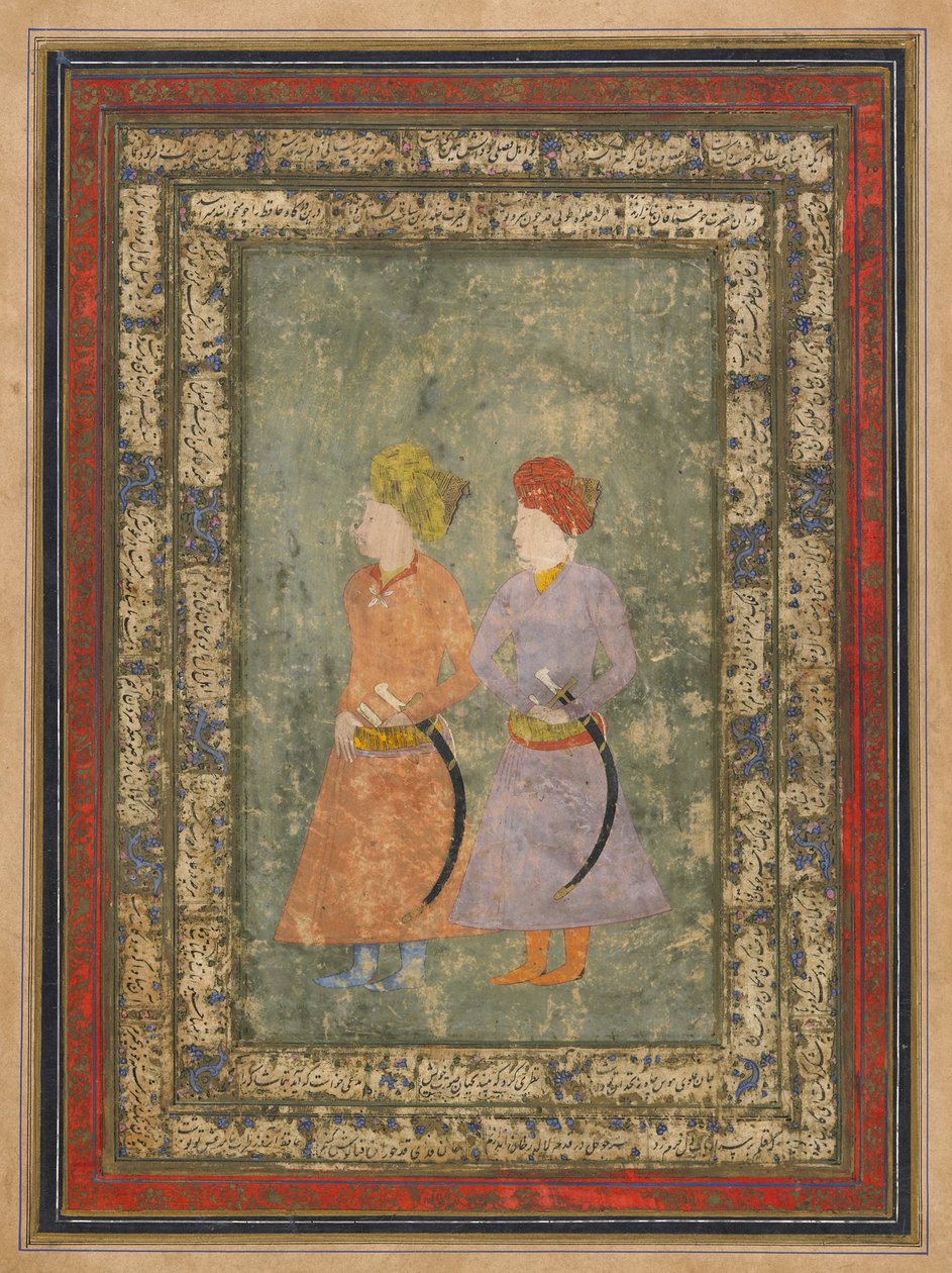 To persiske adelsmænd, fritliggende albumfolio med maleri, midten af 1600-tallet (ugennemsigtig akvarel, blæk og guld på papir) av Mughal School