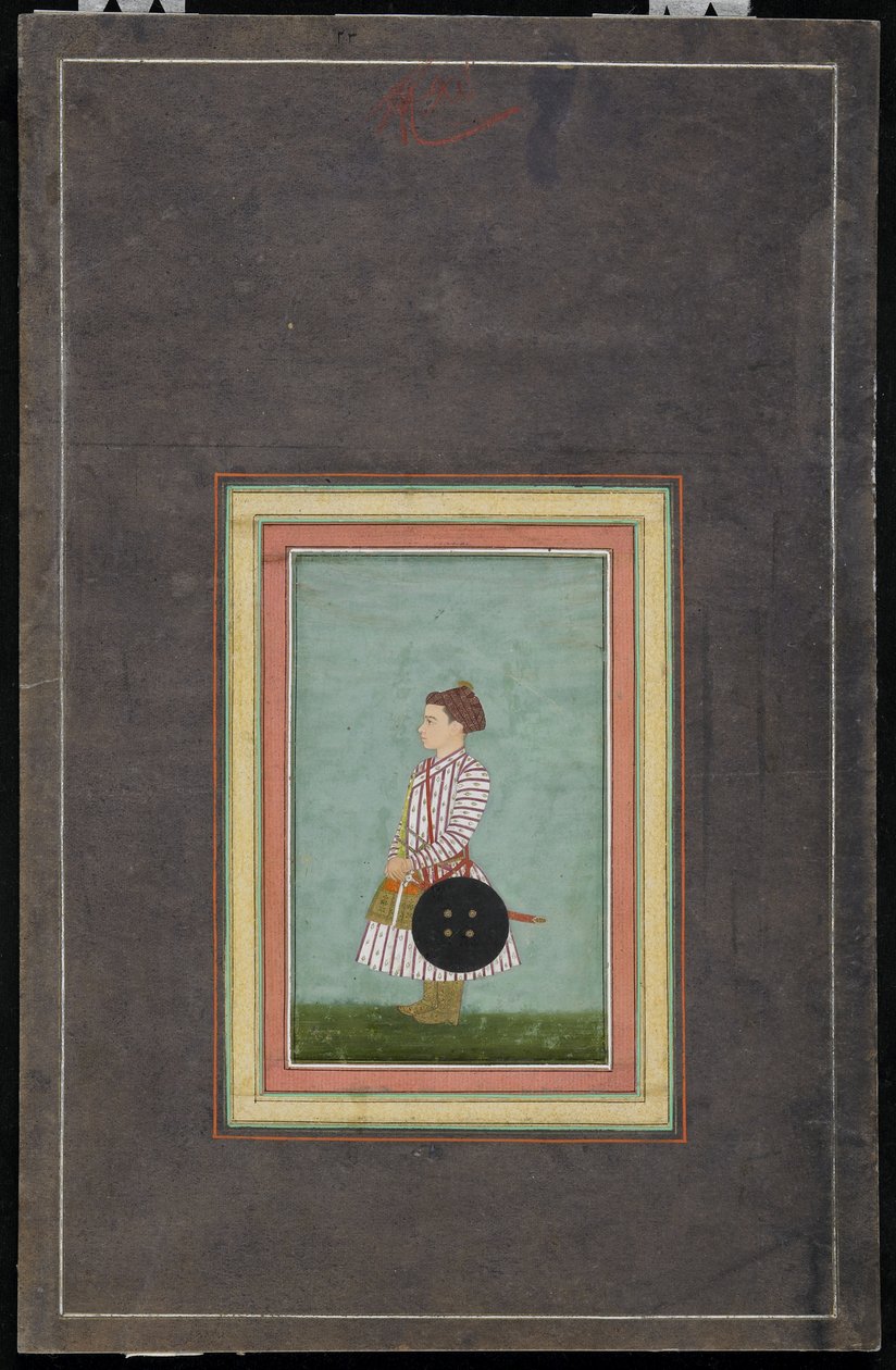 Ung prins, Albumfolio med målning, ca 1650-1660 (ogenomskinlig akvarell och guld på papper) av Mughal School