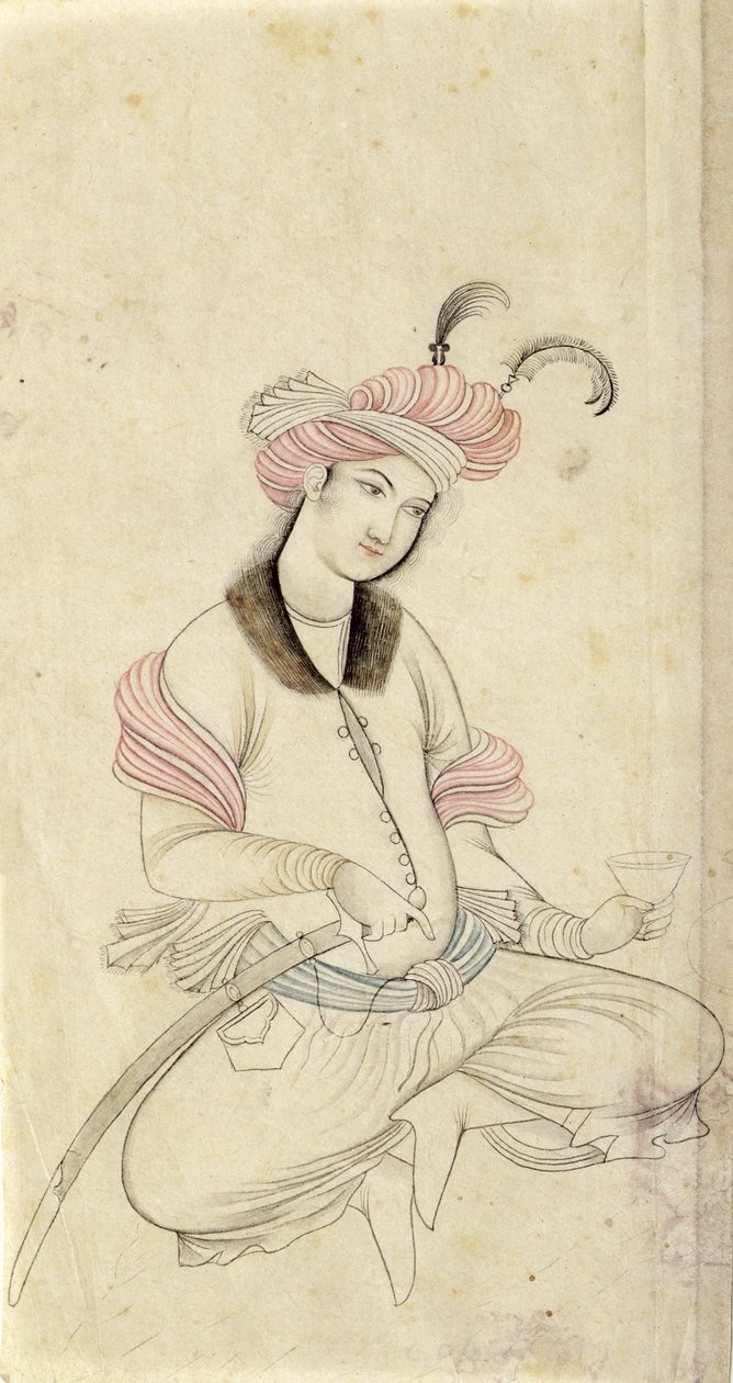 En persisk ungdom, som håller en vinbägare med andra handen på svärdsfästet, efter ett original från Isfahan från tidigt 1600-tal, ca 1825-35 (penna, bläck och tvätt på papper) av Persian School