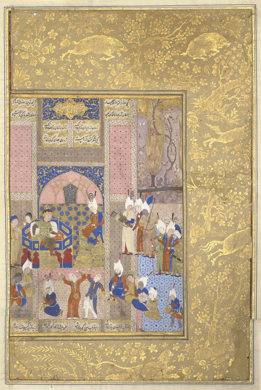 Alexander festar med kejsaren av Kina, ca 1525-50 (bläck, wc & guld på veläng) av Persian School