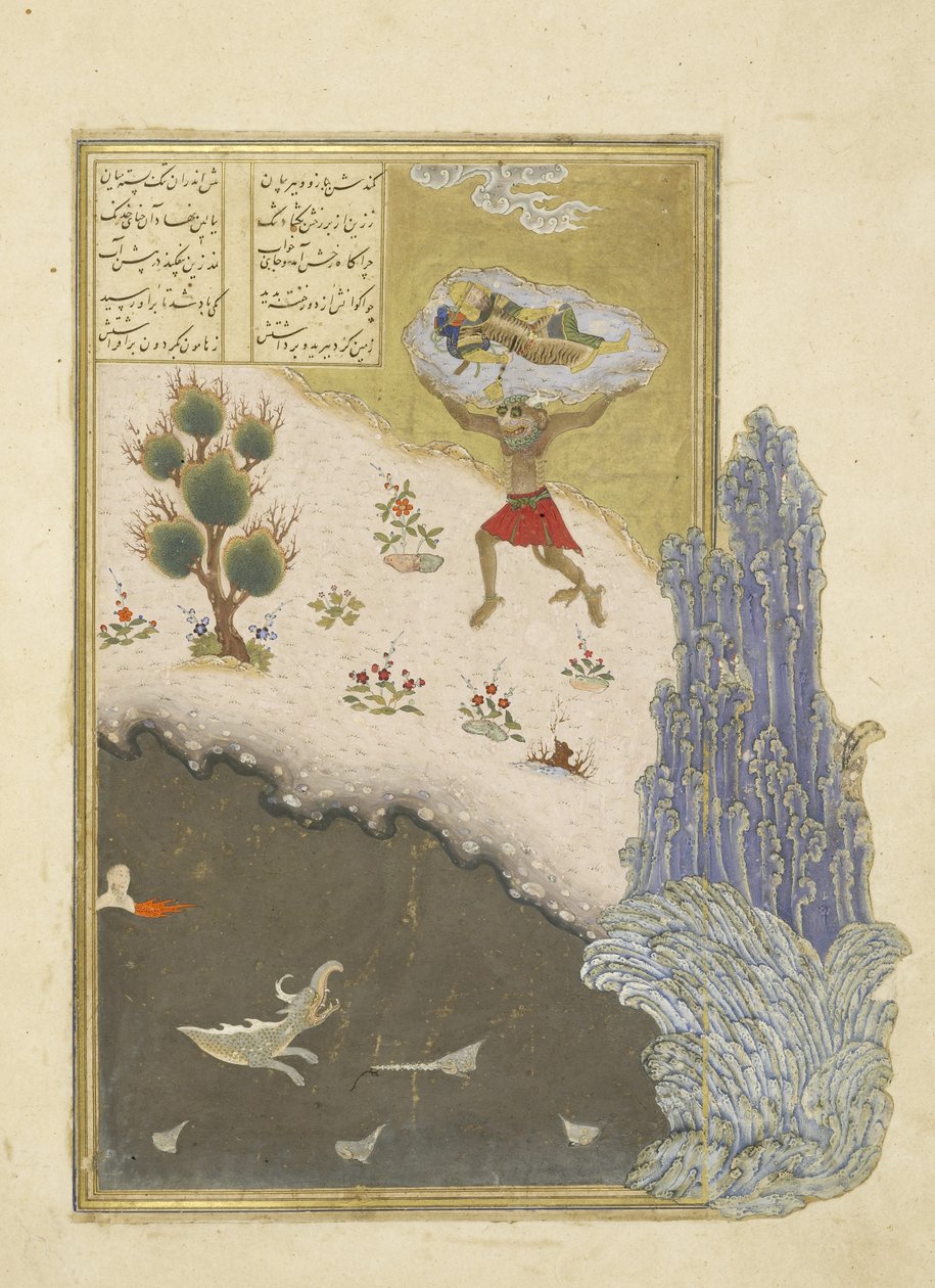 Persiska 239 fol.165b Div Akvan lyfter den sovande Rustam, illustration från Shahnama (Kungarnas bok), av Abul-Qasim Mansur Firdawsi (c.934-c.1020), 1444 av Persian School