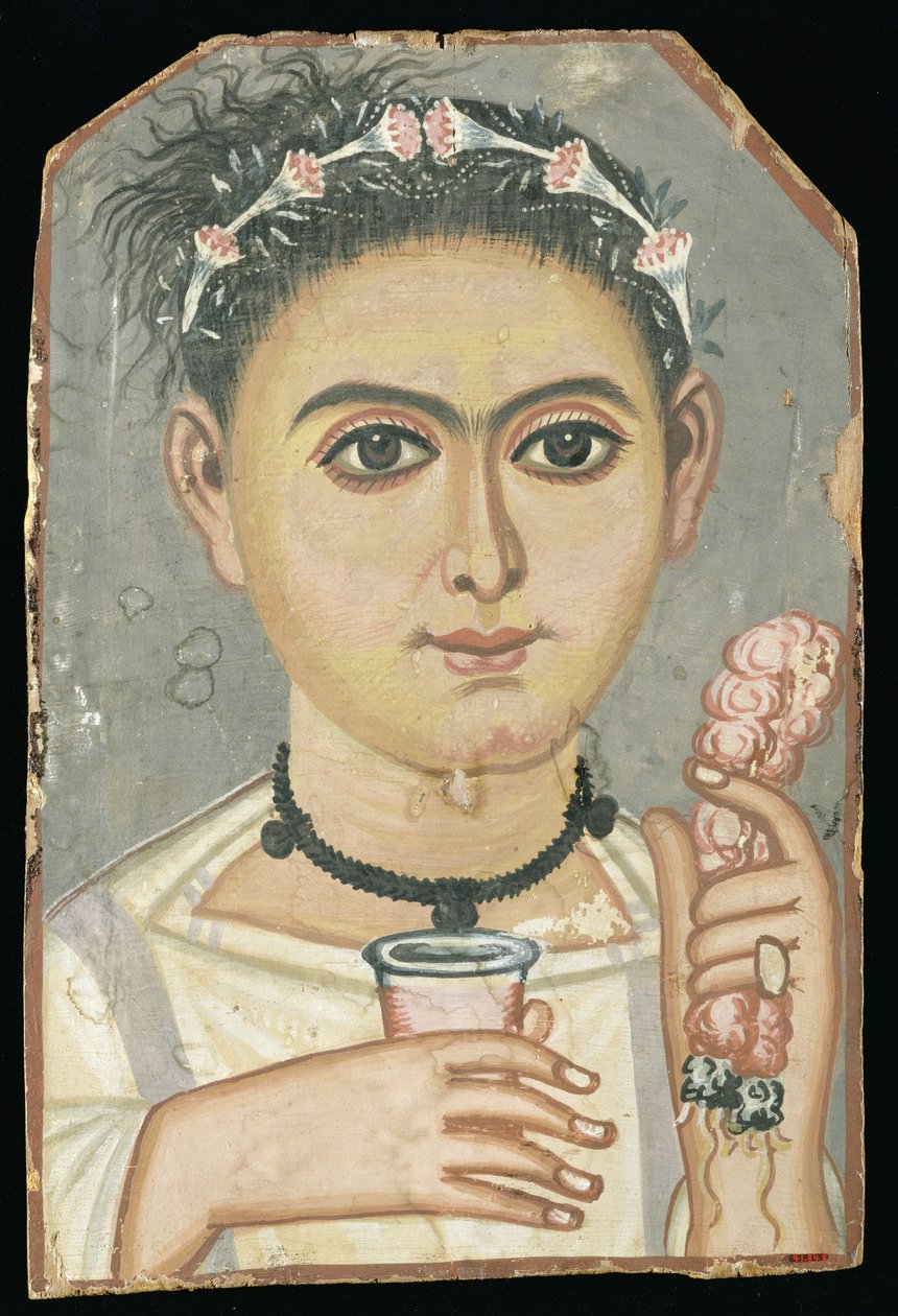 Porträtt av en ung person: pojke med en blomkrans i håret, möjligen från Er-Rubiyat, Faiyum, Egypten, ca 200-230 (tempera på trä) av Roman