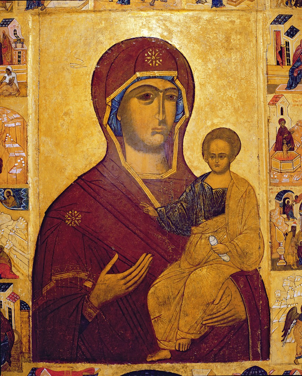 Ikon som föreställer Jungfrun och barnet, ca 1550 (tempera och bladguld på panel) (detalj av 314500) av Russian School