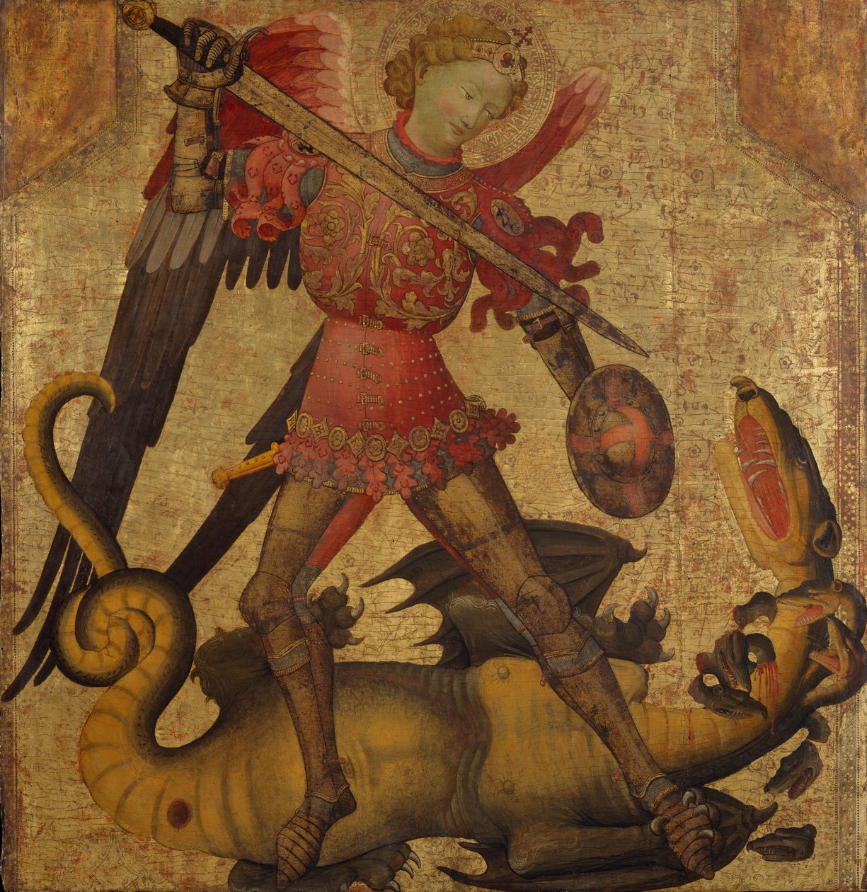 Saint Michael and the Dragon, c.1405 (tempera på trä, guldslipad) av Spanish School