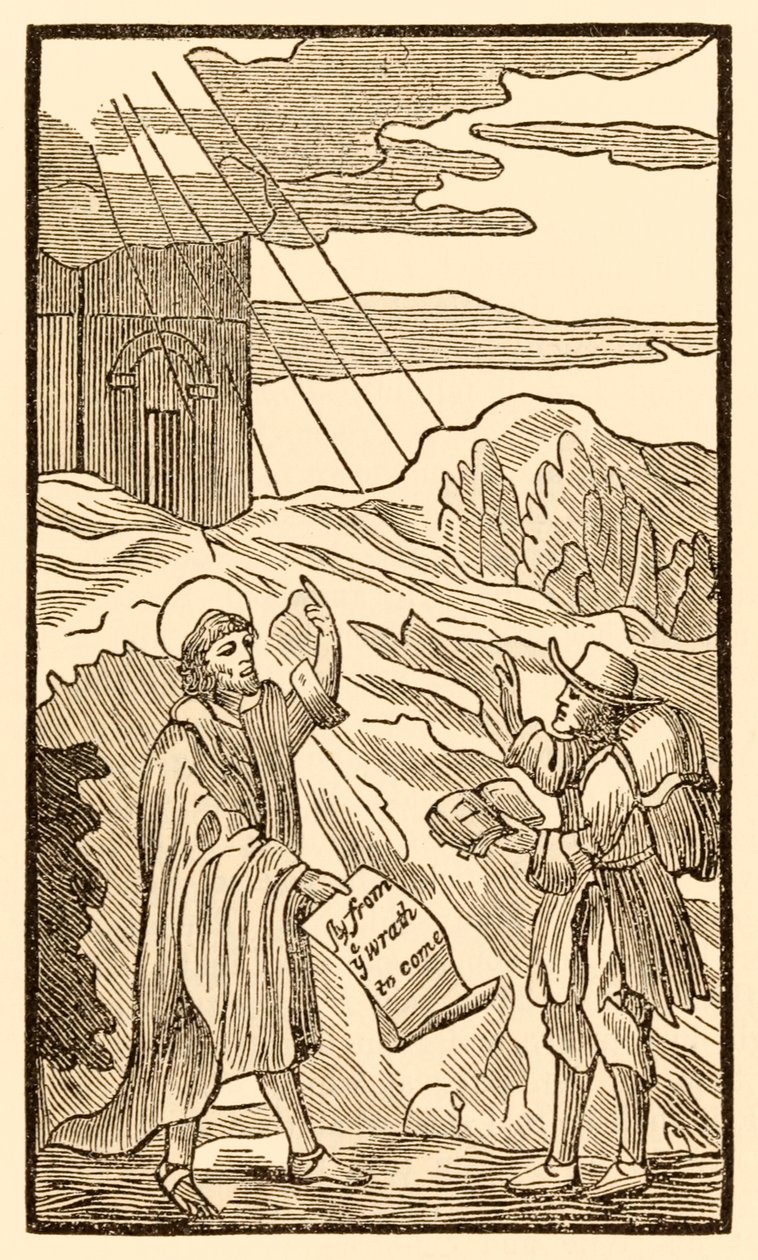 Christian lämnar inte världen förr utan möter evangelist från The Pilgrims Progress From This World, To That What Is To Come av John Bunyan (1628-1688) av Unknown